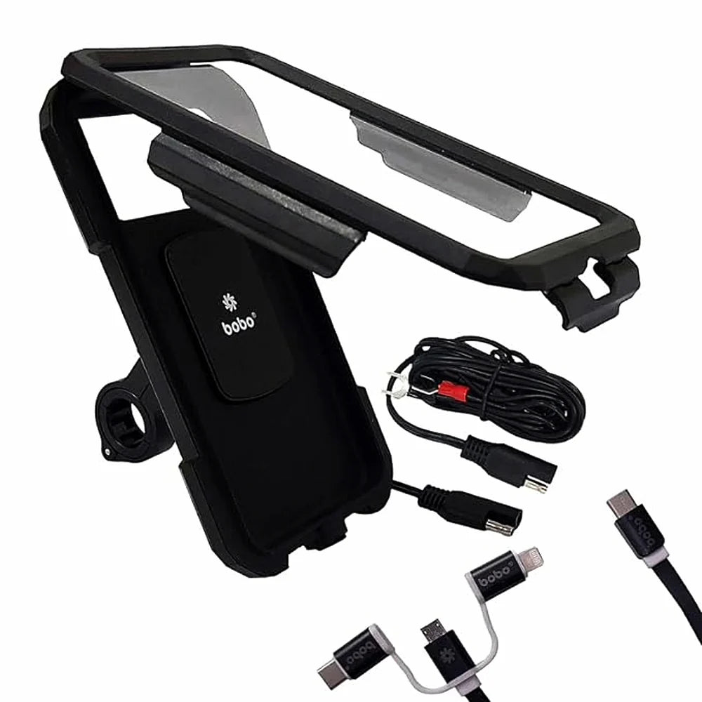 BOBO BM11H PRO Plus Handlebar Mount with Damper, Fully Waterproof Bike/Motorcycle/Scooter Mobile Phone Holder Mount with 15W Wireless & USB-C I/O Charger, Ideal for Maps and GPS Navigation (Black)